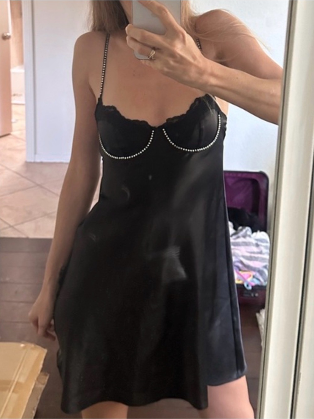 Victoria's Secret Black Satin Slip with Rhinestone Straps